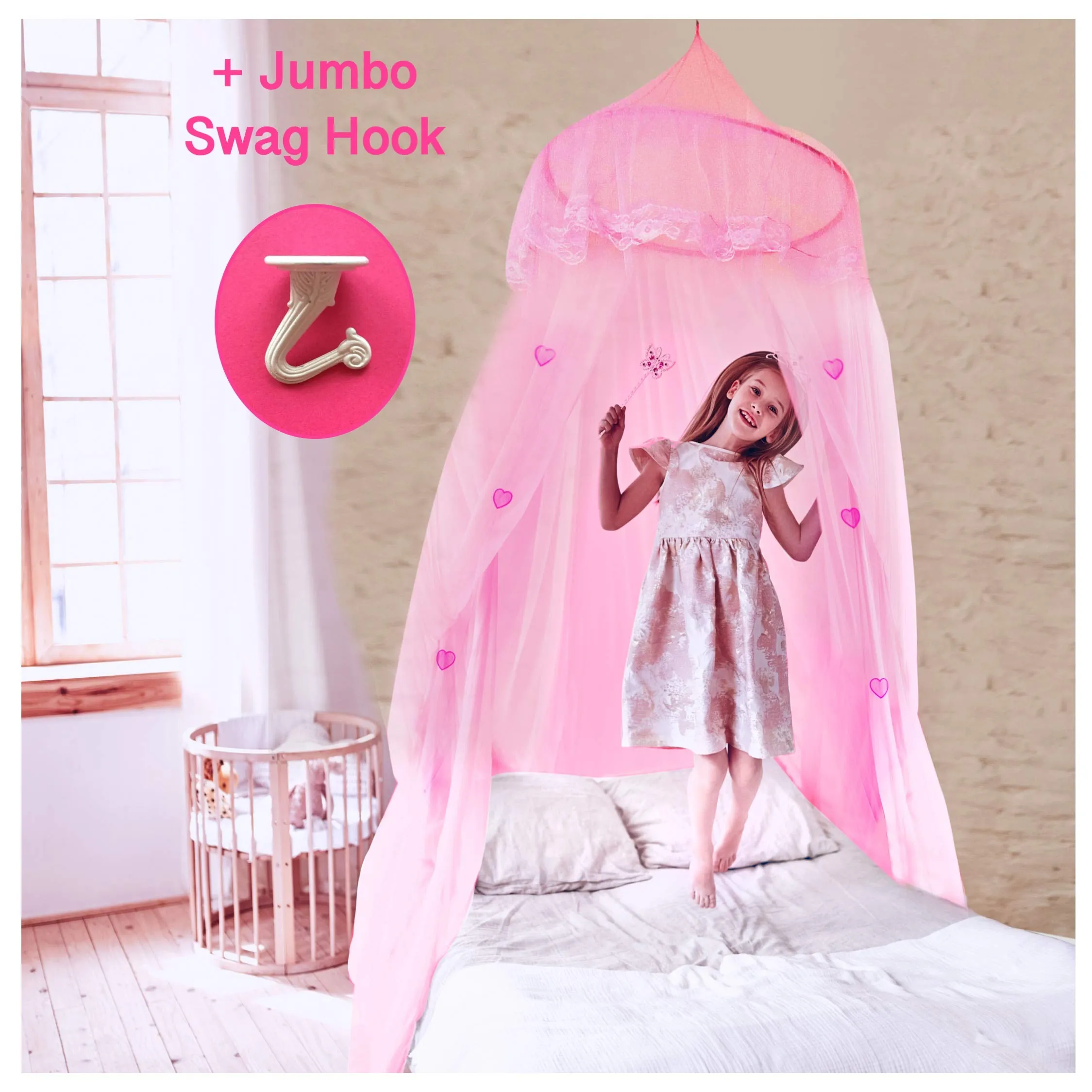 - Princess Bed Canopy For Girls  Pink Room Decor With Lace Dome & Hearts