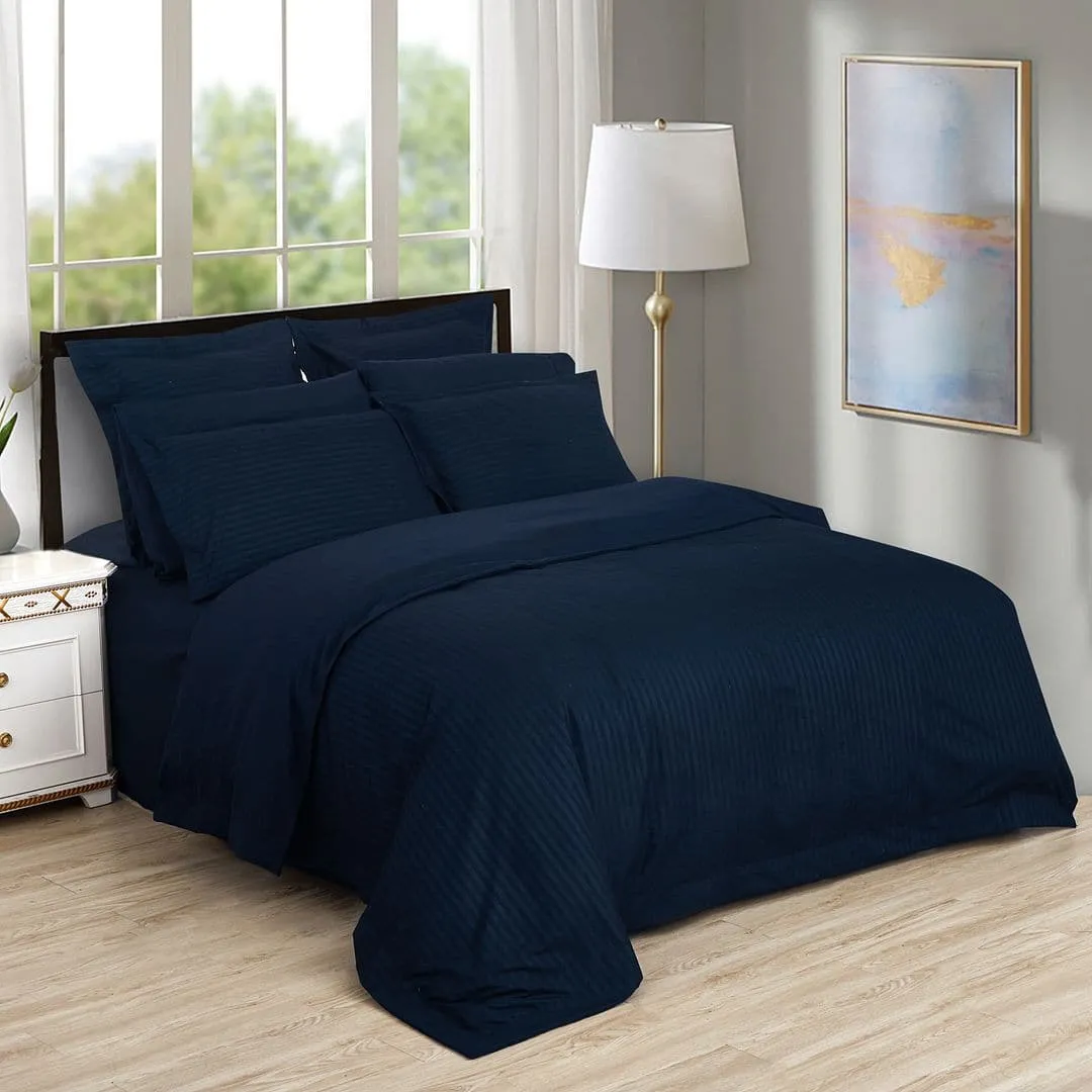 1000TC Ultra Soft Striped Super King Size Midnight Blue Duvet Quilt Cover Set