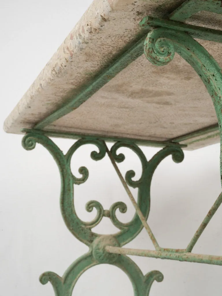 19th-Century French Garden Table w/ Granite Top & Scrolled Iron Base w/ green patina