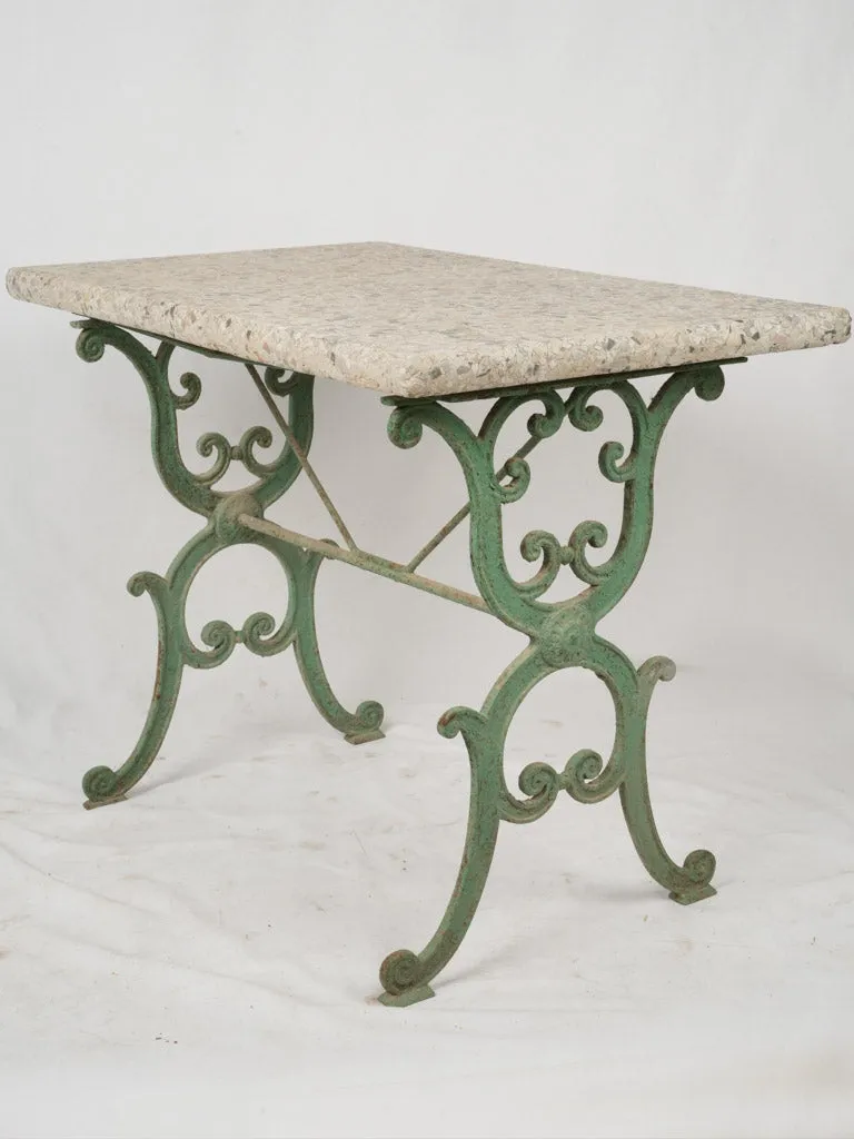 19th-Century French Garden Table w/ Granite Top & Scrolled Iron Base w/ green patina