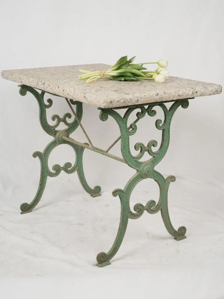 19th-Century French Garden Table w/ Granite Top & Scrolled Iron Base w/ green patina