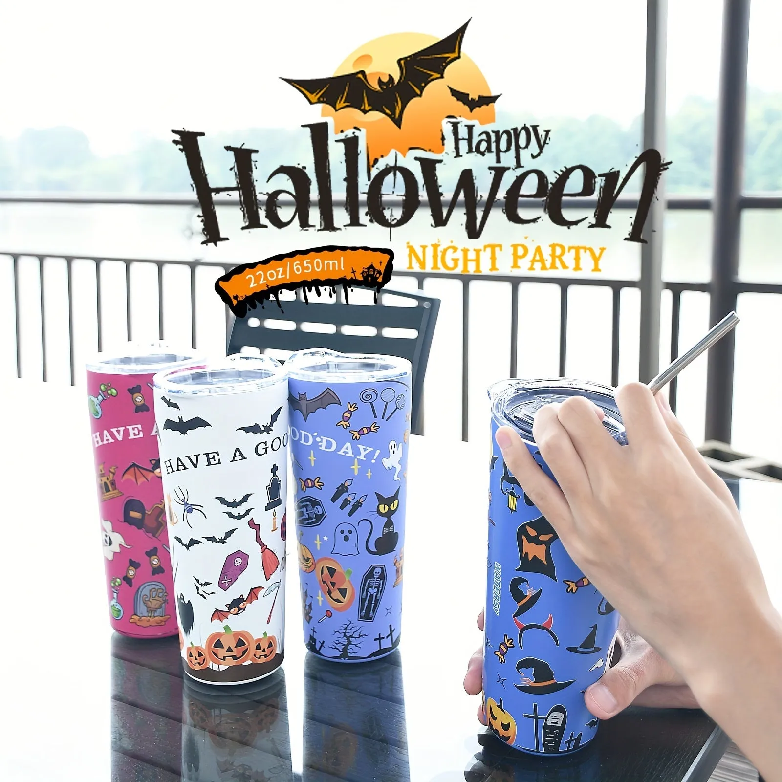 22oz Tumbler With Halloween Pattern,18/8 Stainless Steel Vacuum Insulated Coffee Tumbler,Insulated Travel Mug Water Cup With Leak-Proof Lid & 1 Metal Straws,1 Cleaning Brush & Gift Box, Holiday Gifts, Halloween Gift