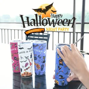 22oz Tumbler With Halloween Pattern,18/8 Stainless Steel Vacuum Insulated Coffee Tumbler,Insulated Travel Mug Water Cup With Leak-Proof Lid & 1 Metal Straws,1 Cleaning Brush & Gift Box, Holiday Gifts, Halloween Gift