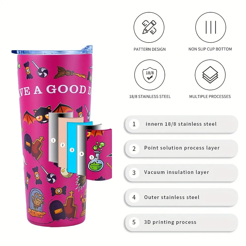 22oz Tumbler With Halloween Pattern,18/8 Stainless Steel Vacuum Insulated Coffee Tumbler,Insulated Travel Mug Water Cup With Leak-Proof Lid & 1 Metal Straws,1 Cleaning Brush & Gift Box, Holiday Gifts, Halloween Gift