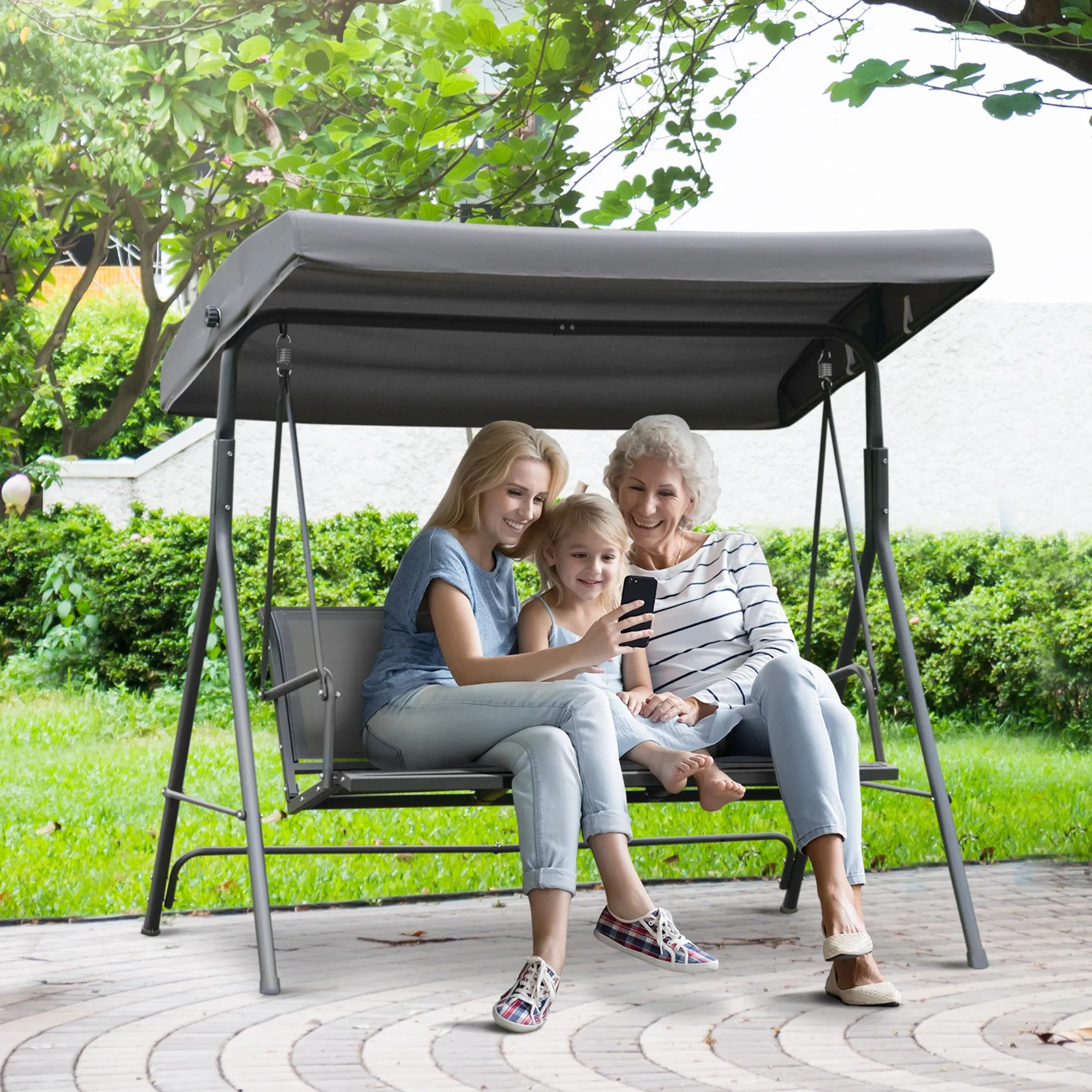 3 Seater Swing Chair Garden Swing Seat Outdoor Hammock w/ Canopy Steel Frame - Grey