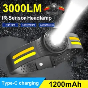 3000LM Rechargeable LED Sensor Headlamp XPE COB Headlight Led Head Torch Camping Search Light Head Flashlight Fishing Lantern