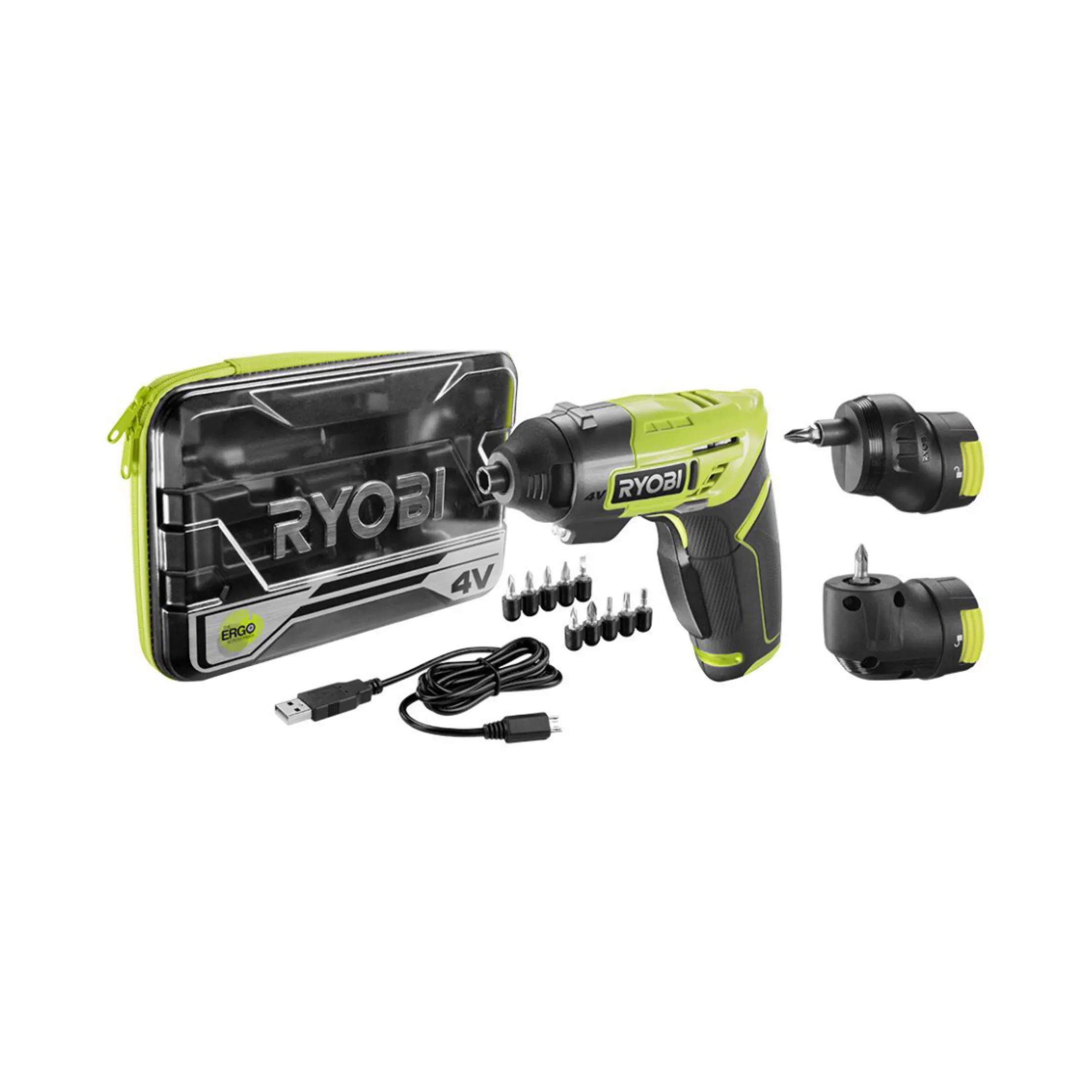 4V Lithium-Ion Cordless Multi-Head Screwdriver with (3) Head Attachments, (10) Driving Bits, and USB Charging Cable