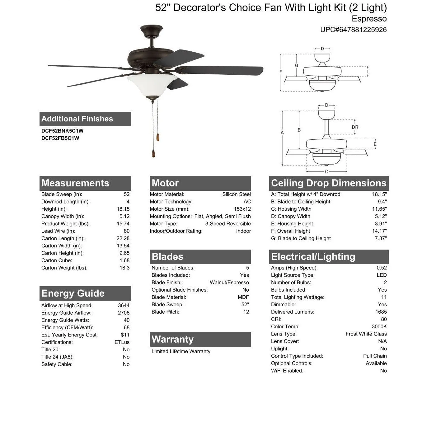 52" Decorator's Choice 2 Light in Espresso w/ Walnut/Espresso Blades