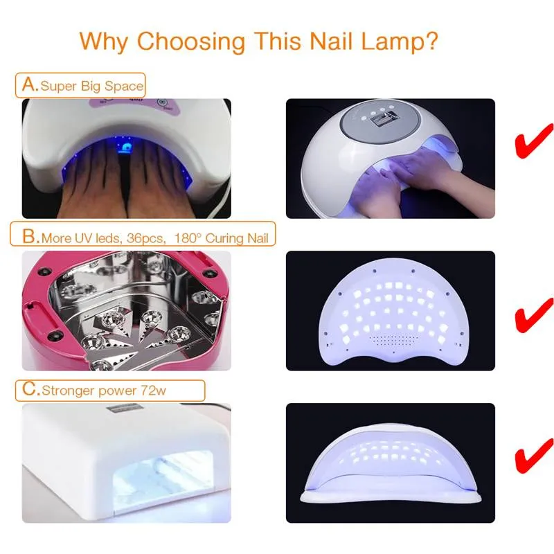 72W UV Lamp LED Nail Lamps High Power For Nails All Gel Polish Nail Dryer