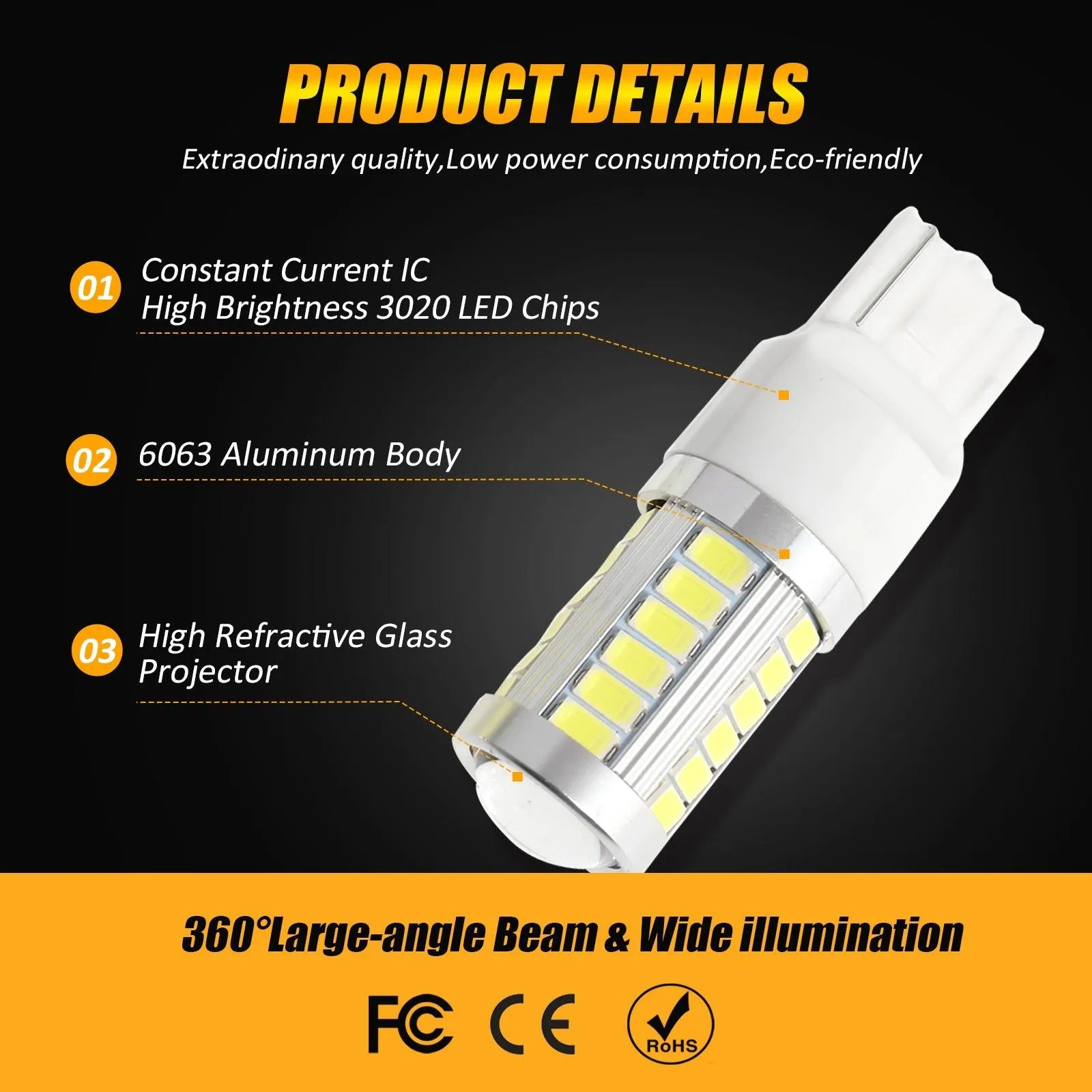 7440 7440A LED Backup Reverse/Turn Signal/Brake Tail Light Bulbs 20W 4000LM 6500K White 33LED Series | 2 Bulbs