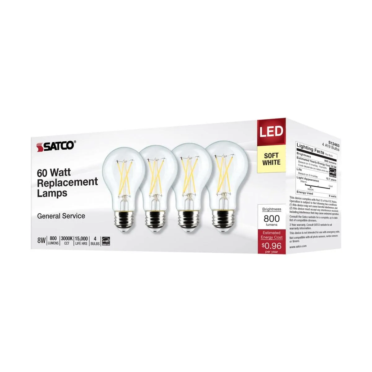 8 Watt A19 LED; Clear; 3000K; Medium Base; 120 Volt; 4-Pack