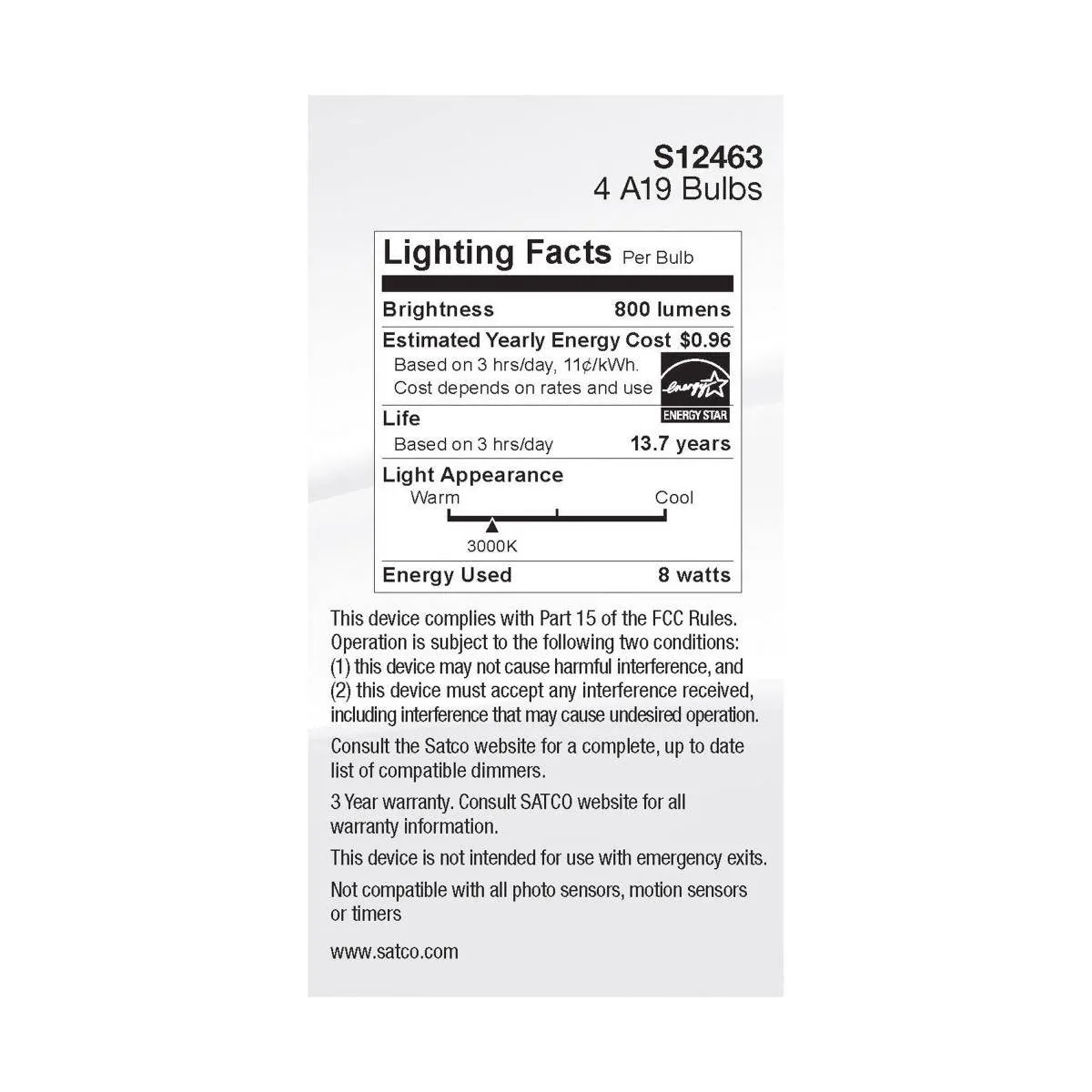 8 Watt A19 LED; Clear; 3000K; Medium Base; 120 Volt; 4-Pack