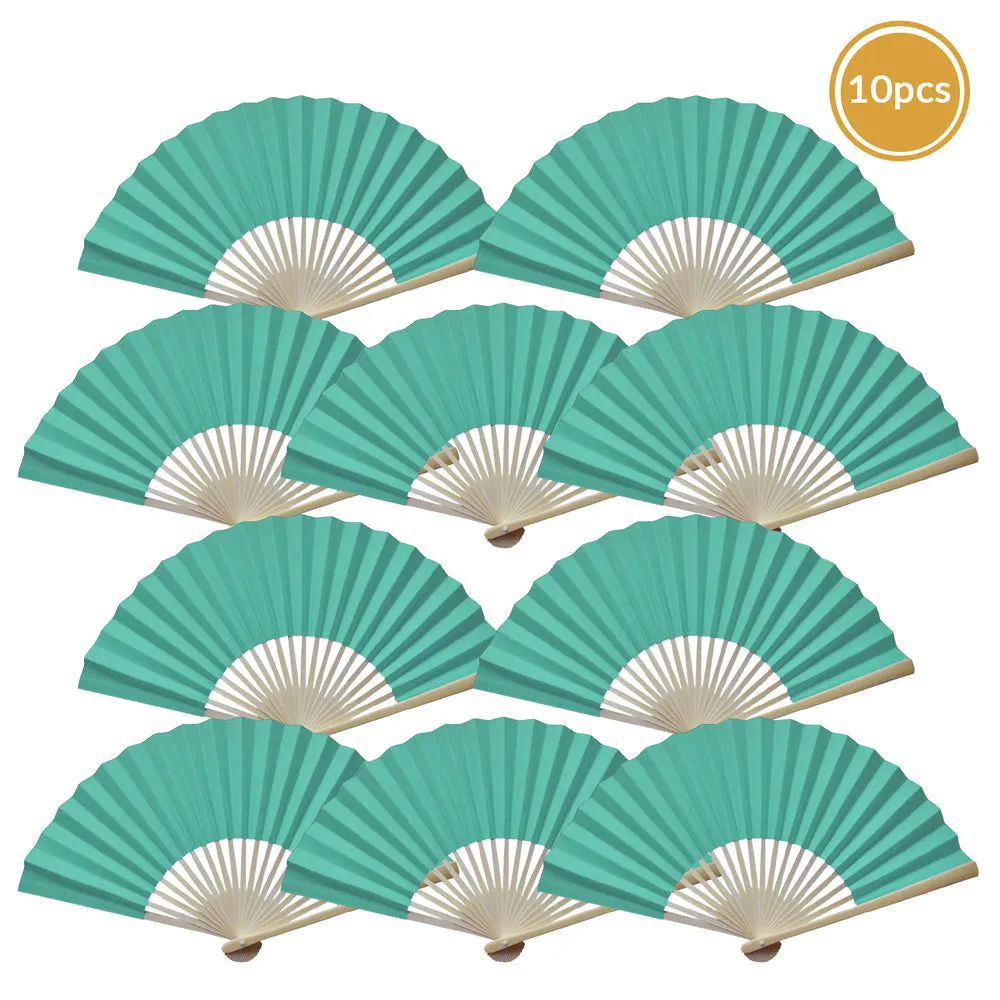 9" Cool Mint Green Paper Hand Fans for Weddings, Premium Paper Stock (10 Pack)