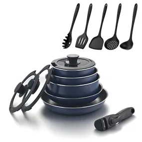 abizoe frying pan pot 14-piece set diamond coding navy storage frying pan set gas fire IH compatible pot set 16-26 cm (navy) with handle