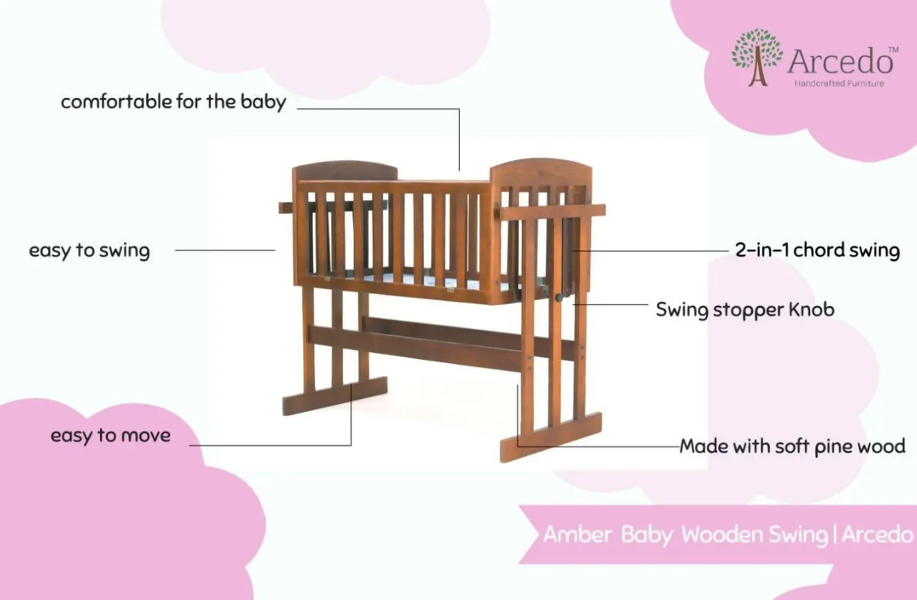 Amber 2 in 1 Wooden Baby Swing With Mosquito Net & Swing Stopper Knob Made With Non-Toxic Material