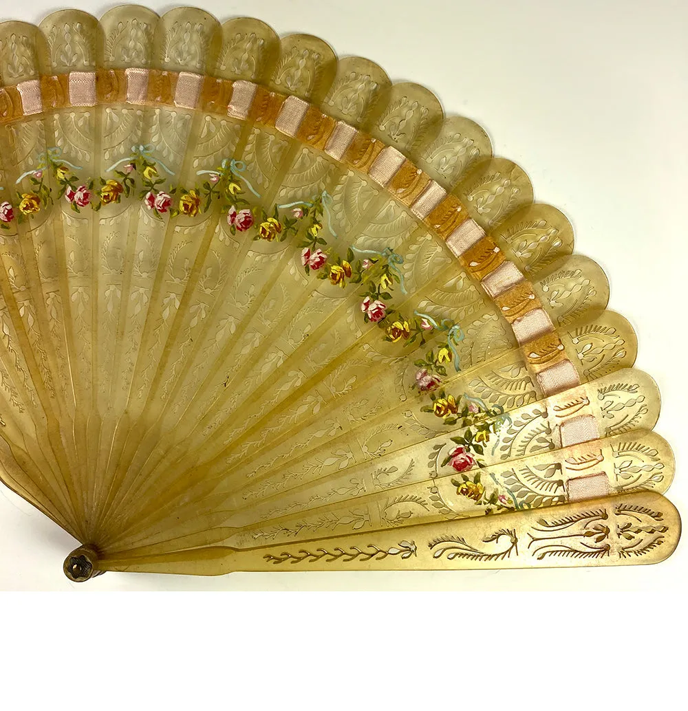 Antique Hand Painted French Hand Fan, First Empire, c.1800-1815, Blond Tortoise Shell or Horn