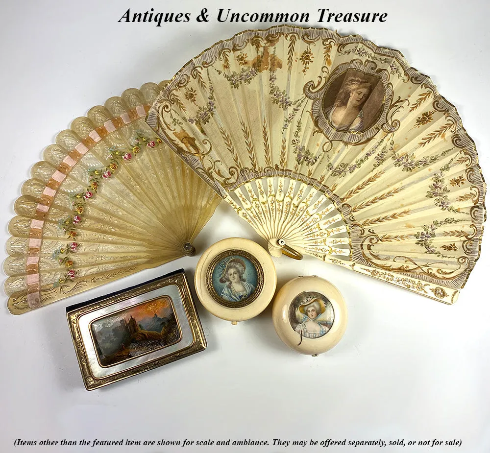 Antique Hand Painted French Hand Fan, First Empire, c.1800-1815, Blond Tortoise Shell or Horn