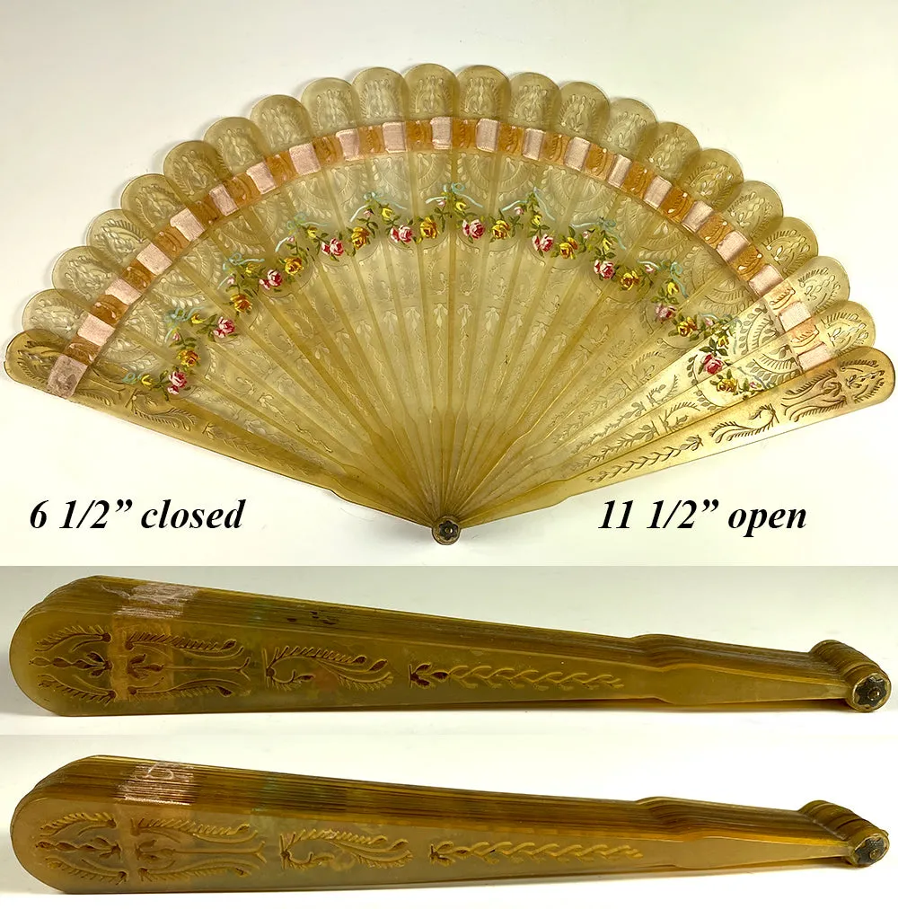 Antique Hand Painted French Hand Fan, First Empire, c.1800-1815, Blond Tortoise Shell or Horn