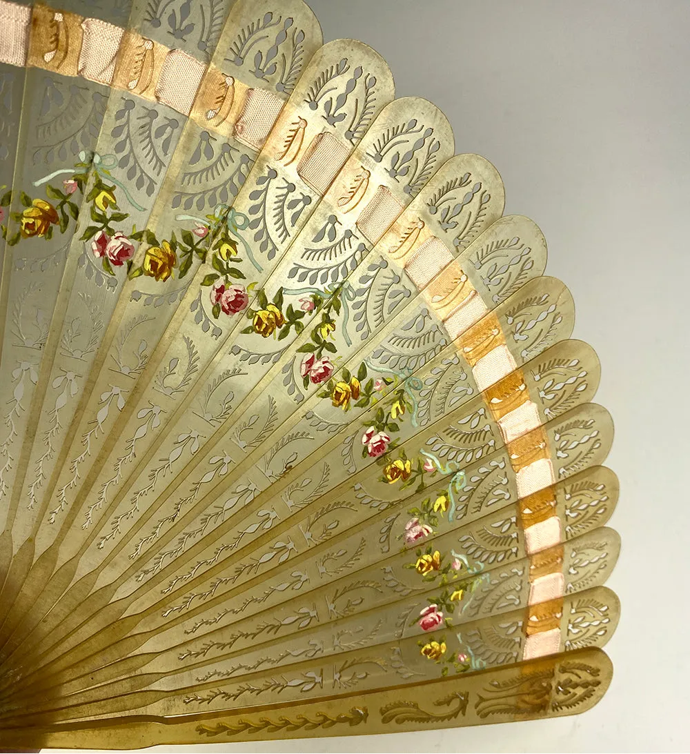 Antique Hand Painted French Hand Fan, First Empire, c.1800-1815, Blond Tortoise Shell or Horn