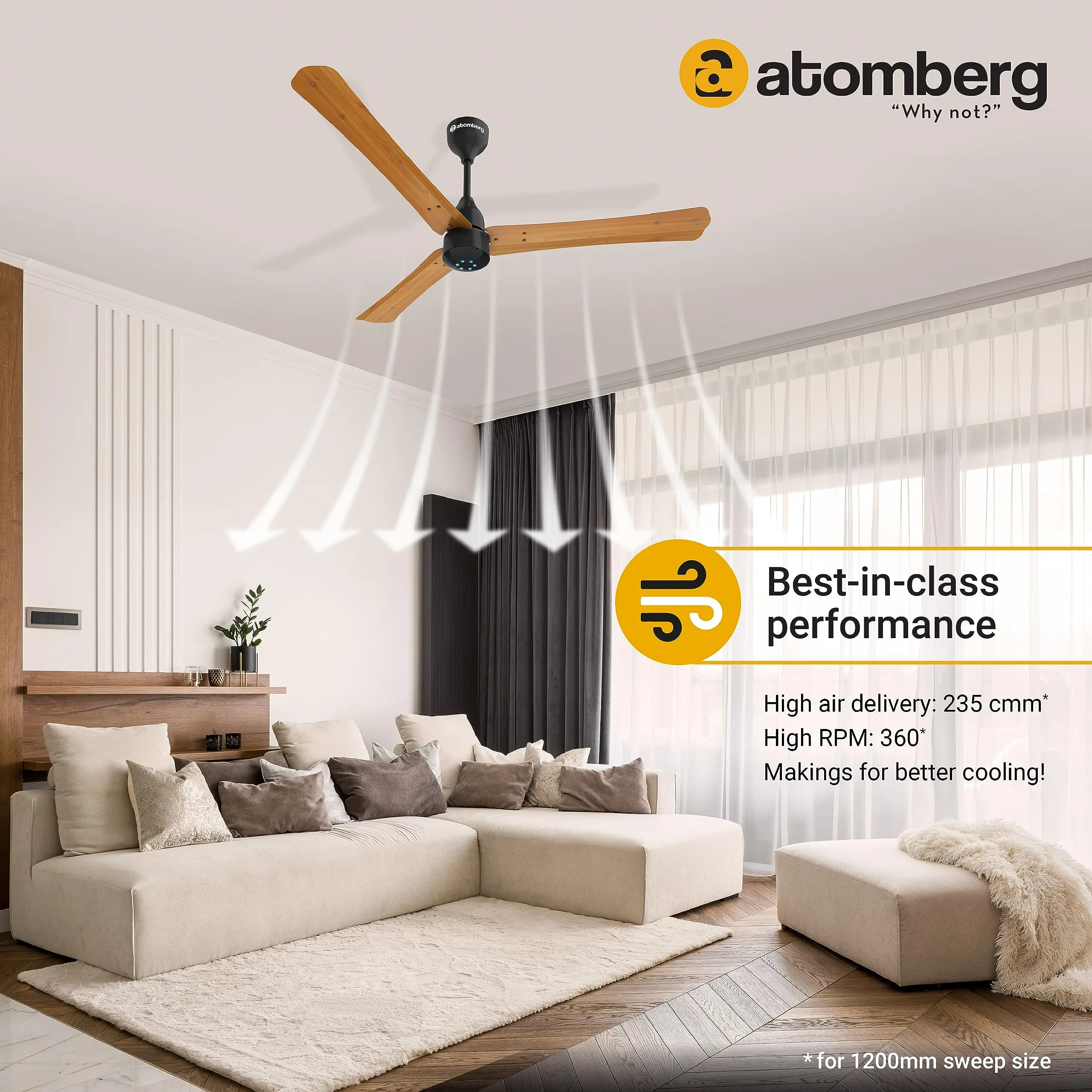 atomberg Renesa  1200mm BLDC Motor 5 Star Rated Sleek Ceiling Fans with Remote Control | High Air Delivery Fan and LED Indicators | Upto 65% Energy Saving | 2 1 Year Warranty (Golden Oakwood)