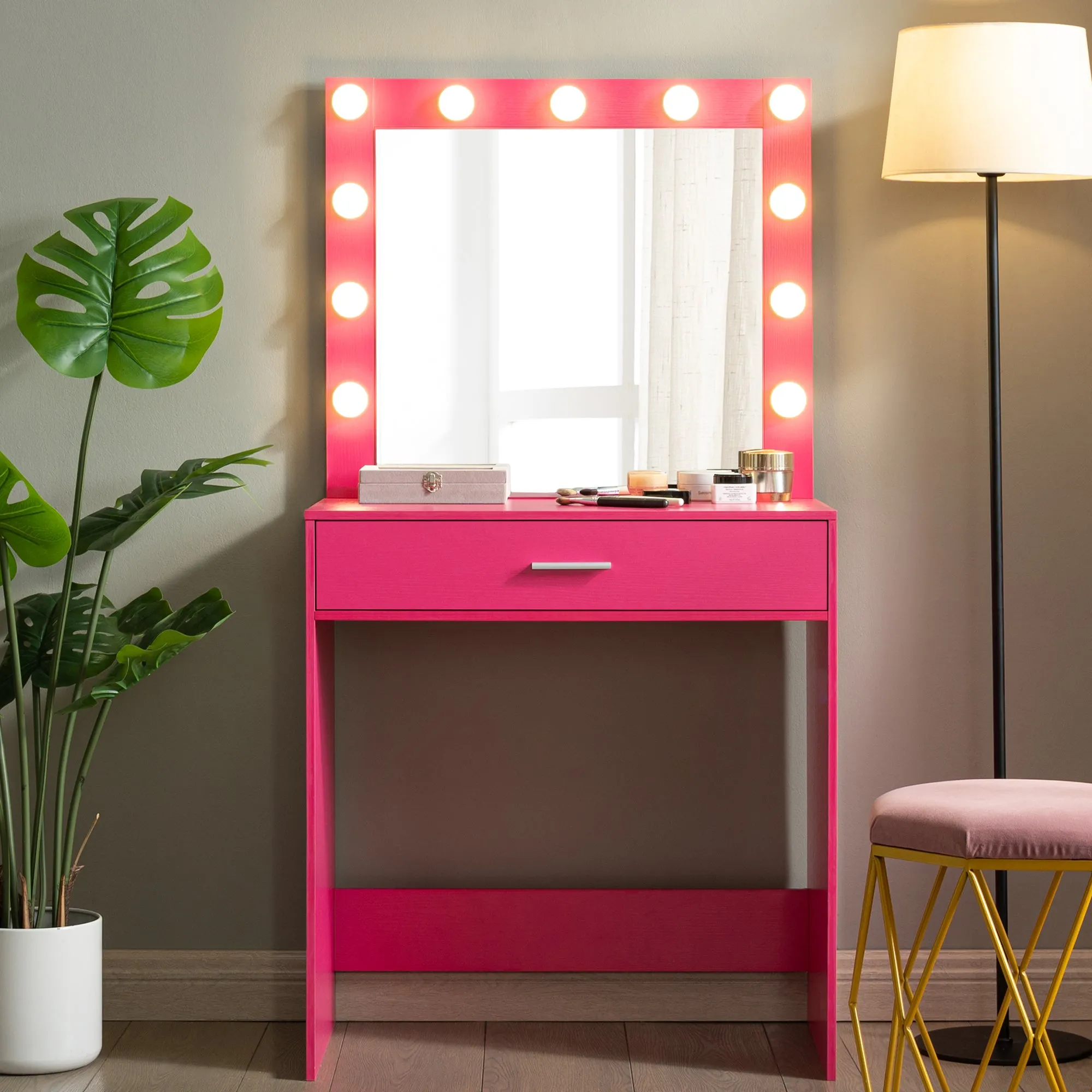 Auro Vanity Desk with Mirror & Light - Pink