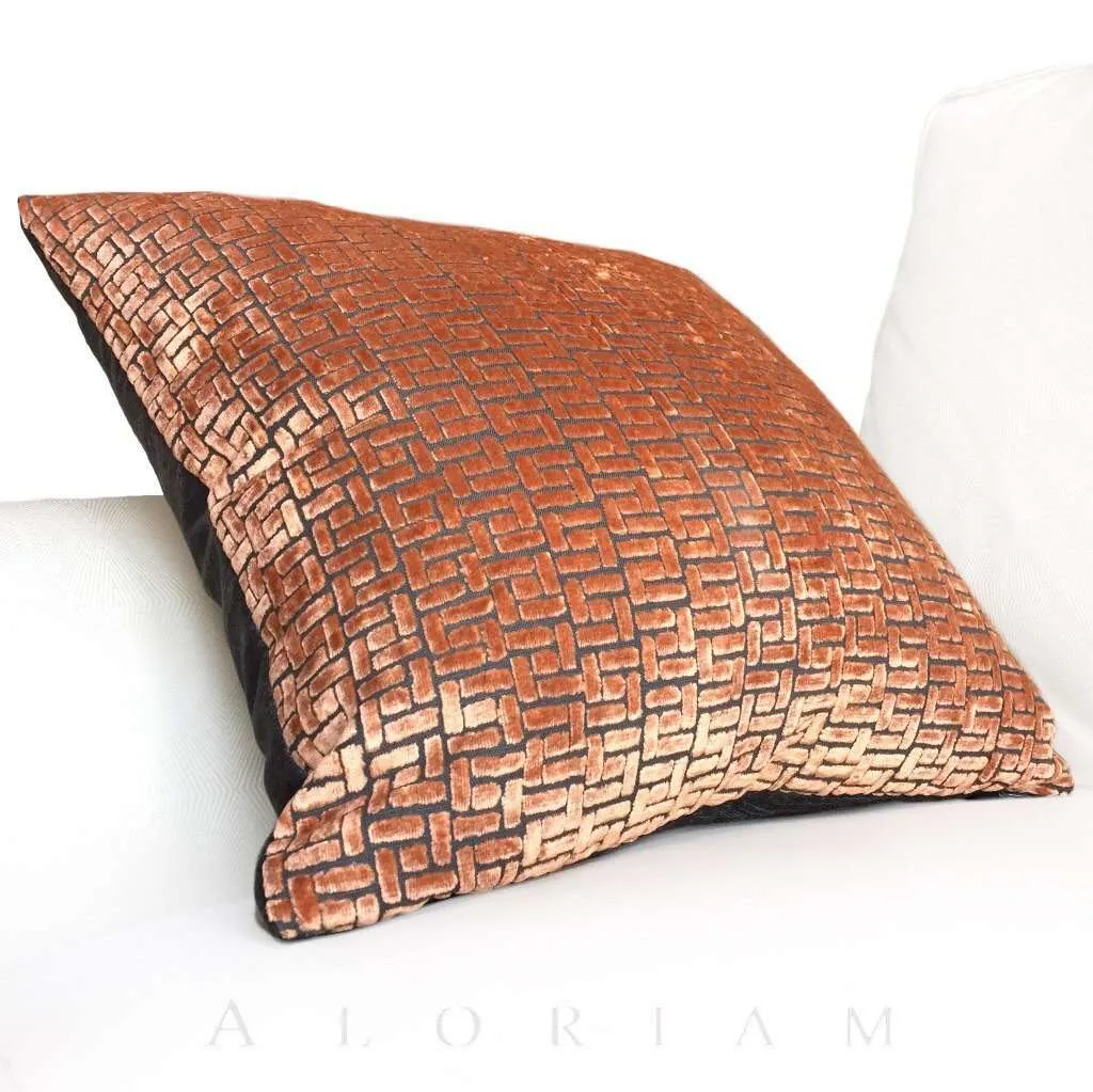 Bari Sunset Orange Cut Velvet Geometric Lattice Pillow Cover