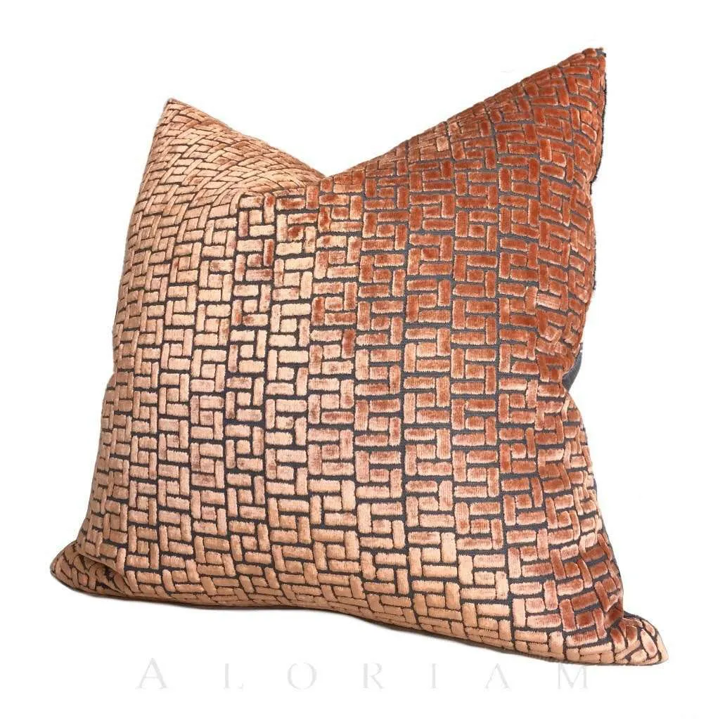 Bari Sunset Orange Cut Velvet Geometric Lattice Pillow Cover