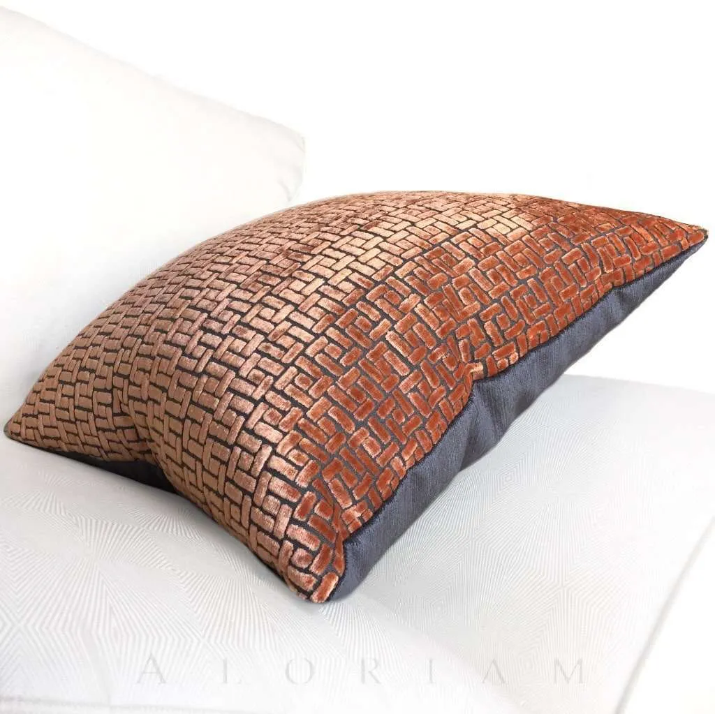 Bari Sunset Orange Cut Velvet Geometric Lattice Pillow Cover