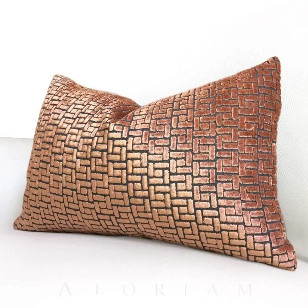 Bari Sunset Orange Cut Velvet Geometric Lattice Pillow Cover