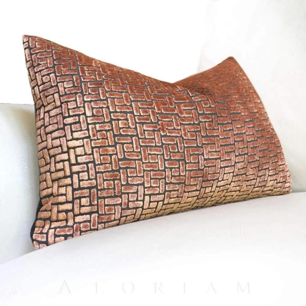 Bari Sunset Orange Cut Velvet Geometric Lattice Pillow Cover