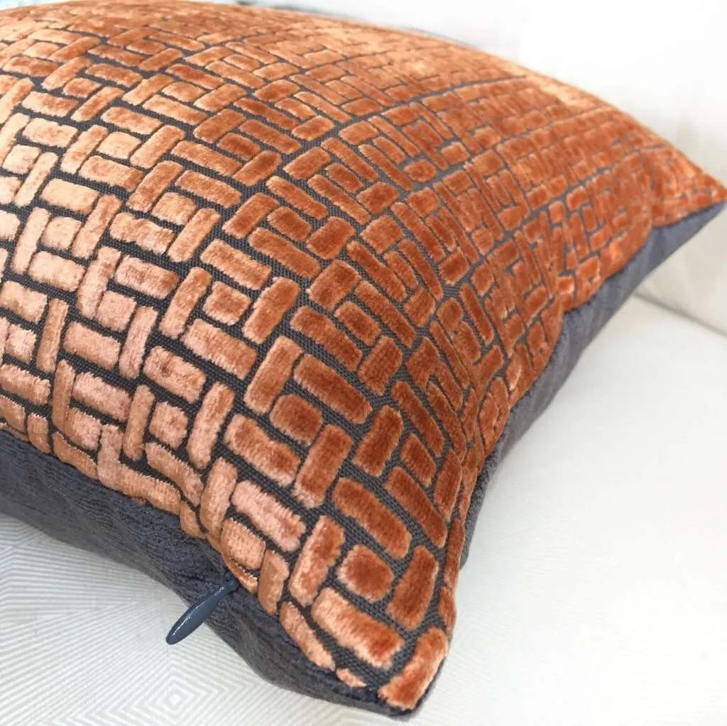 Bari Sunset Orange Cut Velvet Geometric Lattice Pillow Cover