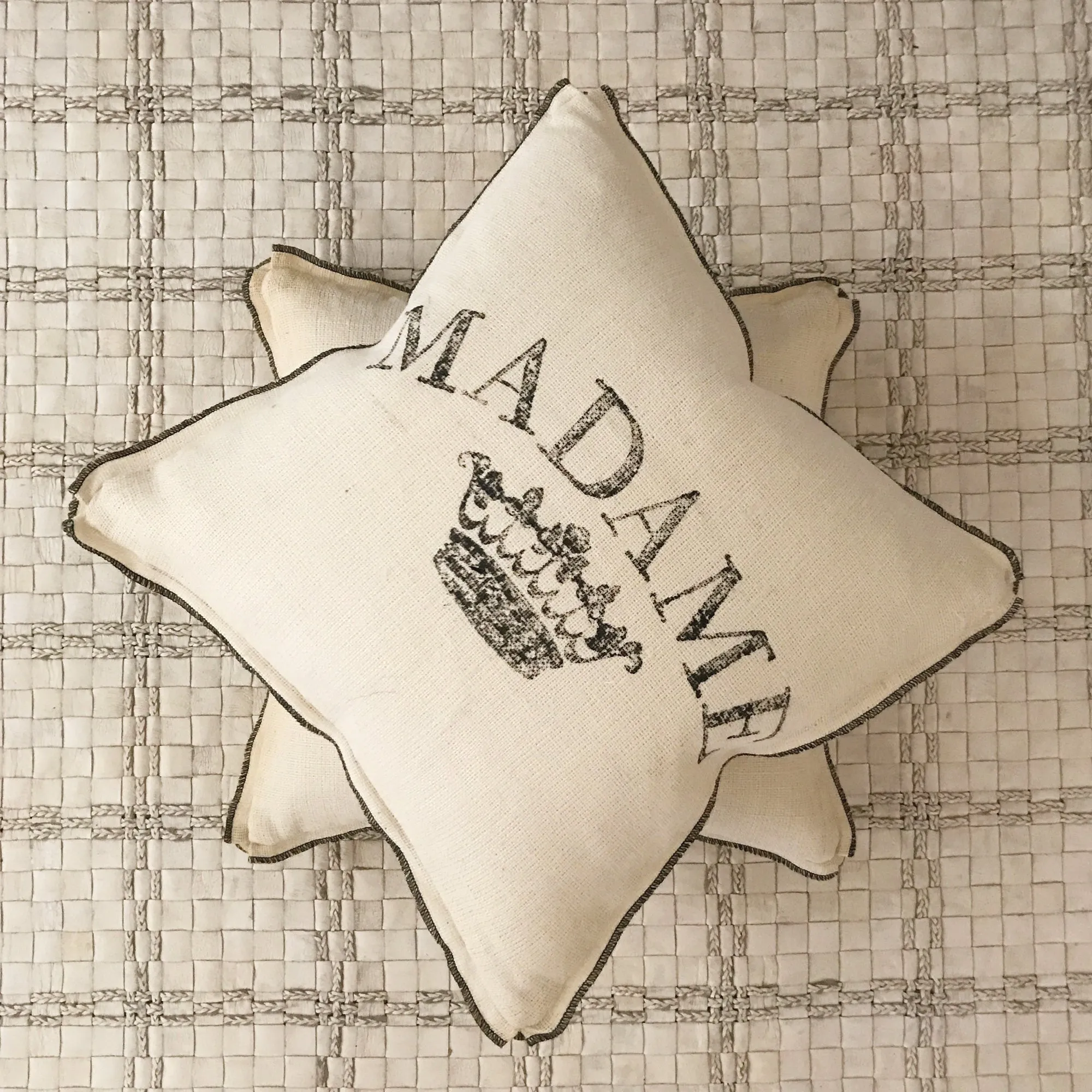 Beige Burlap "Madame" Printed Throw Pillow Cover 20x20