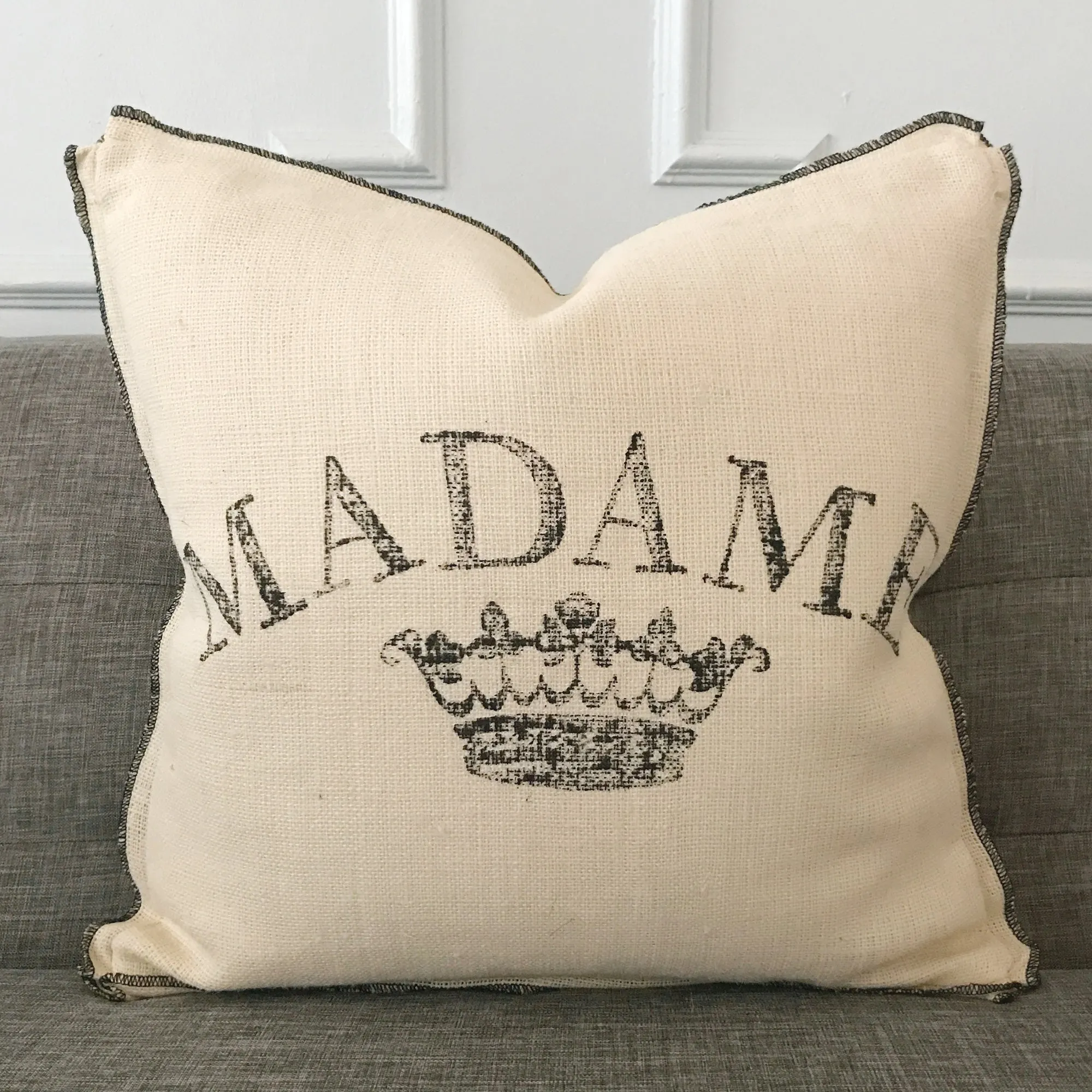 Beige Burlap "Madame" Printed Throw Pillow Cover 20x20