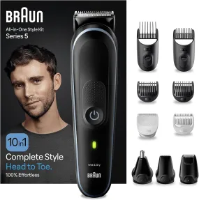 Braun 10-in-1 All-in-One Style Kit Series 5, Male Grooming Kit With Beard Trimmer, Hair Clippers, Nose and Ear& Precision Trimmer, Gifts for Men, UK 2 Pin Plug, MGK5445, Black