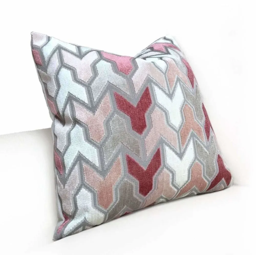 Brookhaven Arrow Geometric Cut Velvet Pink Gray Cream Pillow Cover