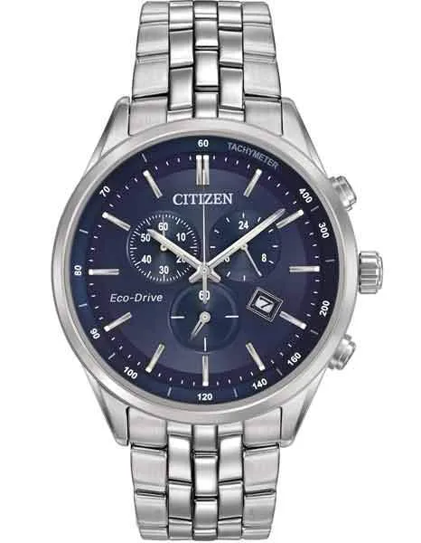 Citizen Eco-Drive Mens Dress Chrono - Blue Dial - Stainless Case & Bracelet