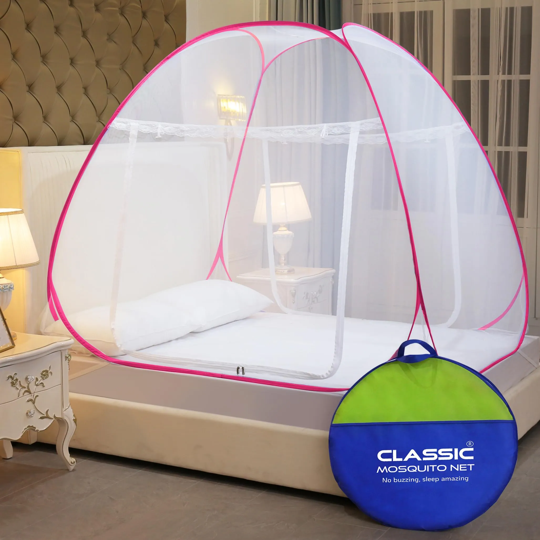 Classic Mosquito Nets for Bed King Size | Polyester Strong Net | Coated Corrosion Resistant Steel Wire - Pink