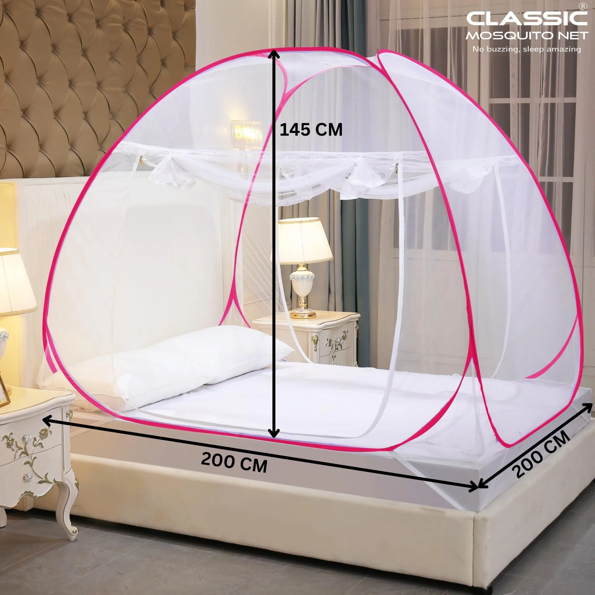 Classic Mosquito Nets for Bed King Size | Polyester Strong Net | Coated Corrosion Resistant Steel Wire - Pink