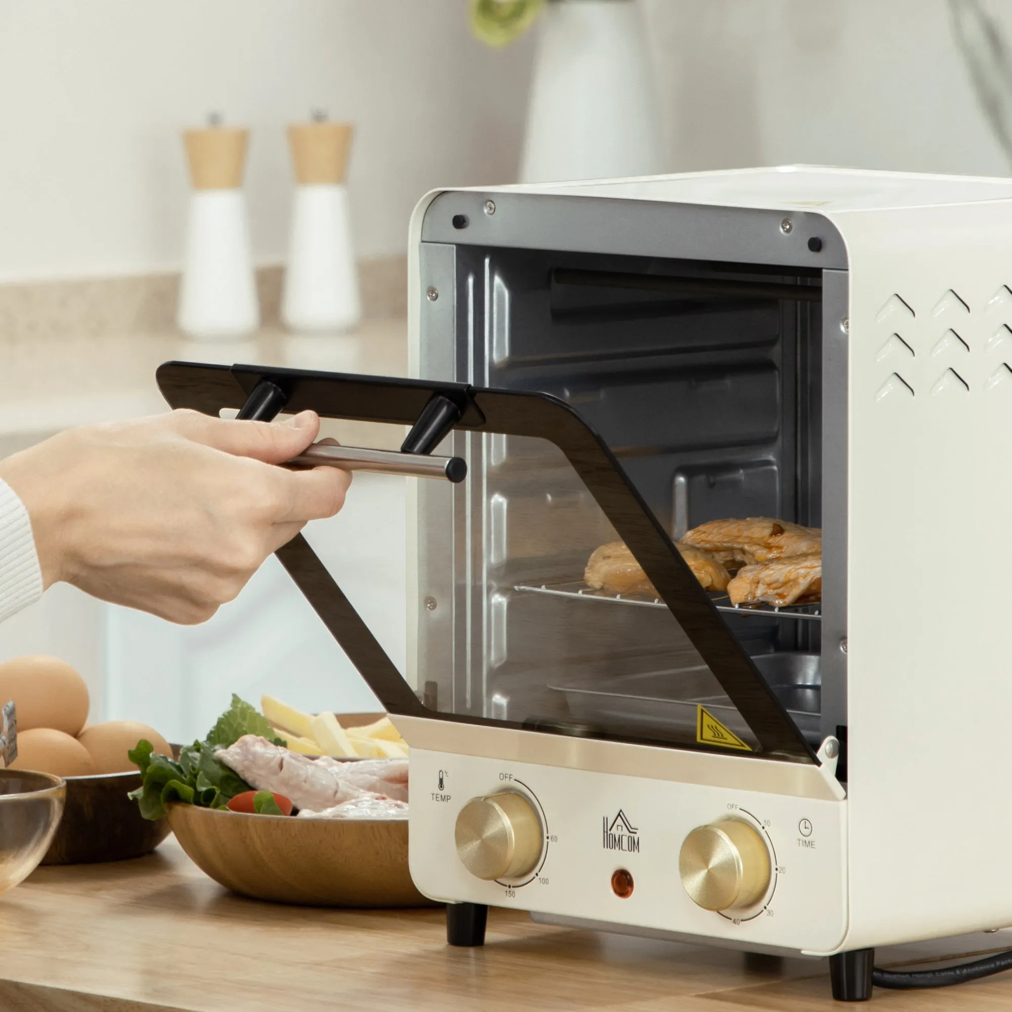 Convection Mini Oven, 15L Electric Oven & Grill w/ Adjustable Temperature, Timer, Baking Tray, Wire Rack, Crumb Tray, 1000W, Cream White