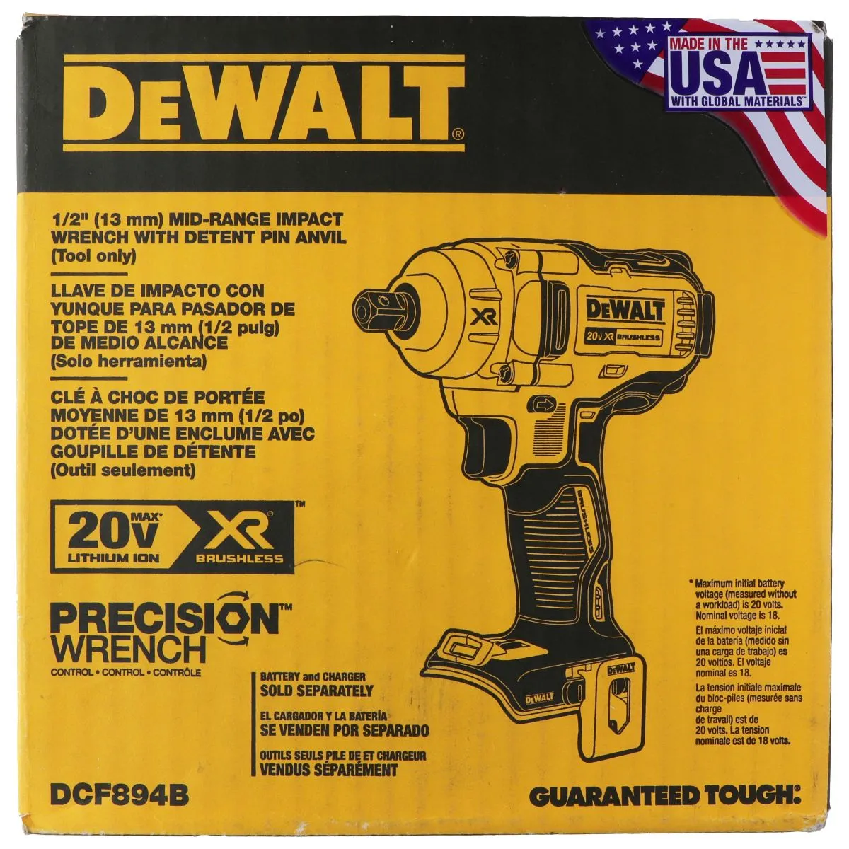 DeWalt 20V Max Cordless Impact Wrench 1/2-in with Detent Pin Anvil and Belt Clip