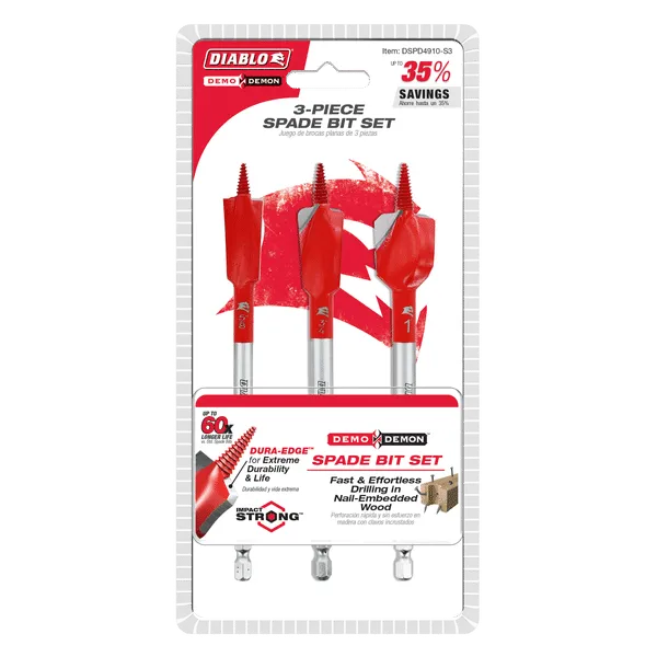 Diablo Demo Demon Spade Bit Set for Nail-Embedded Wood - 3 Pcs