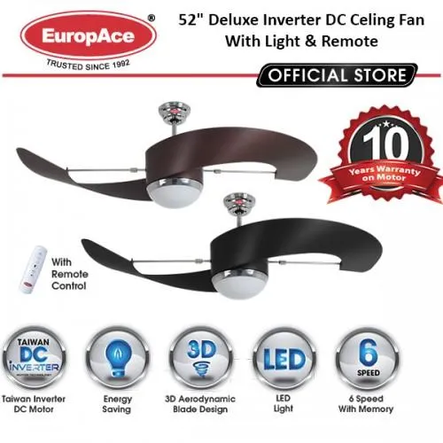 EuropAce Ecf7552S 52” DELUXE INVERTER DC MOTOR CEILING FAN WITH LED LIGHT