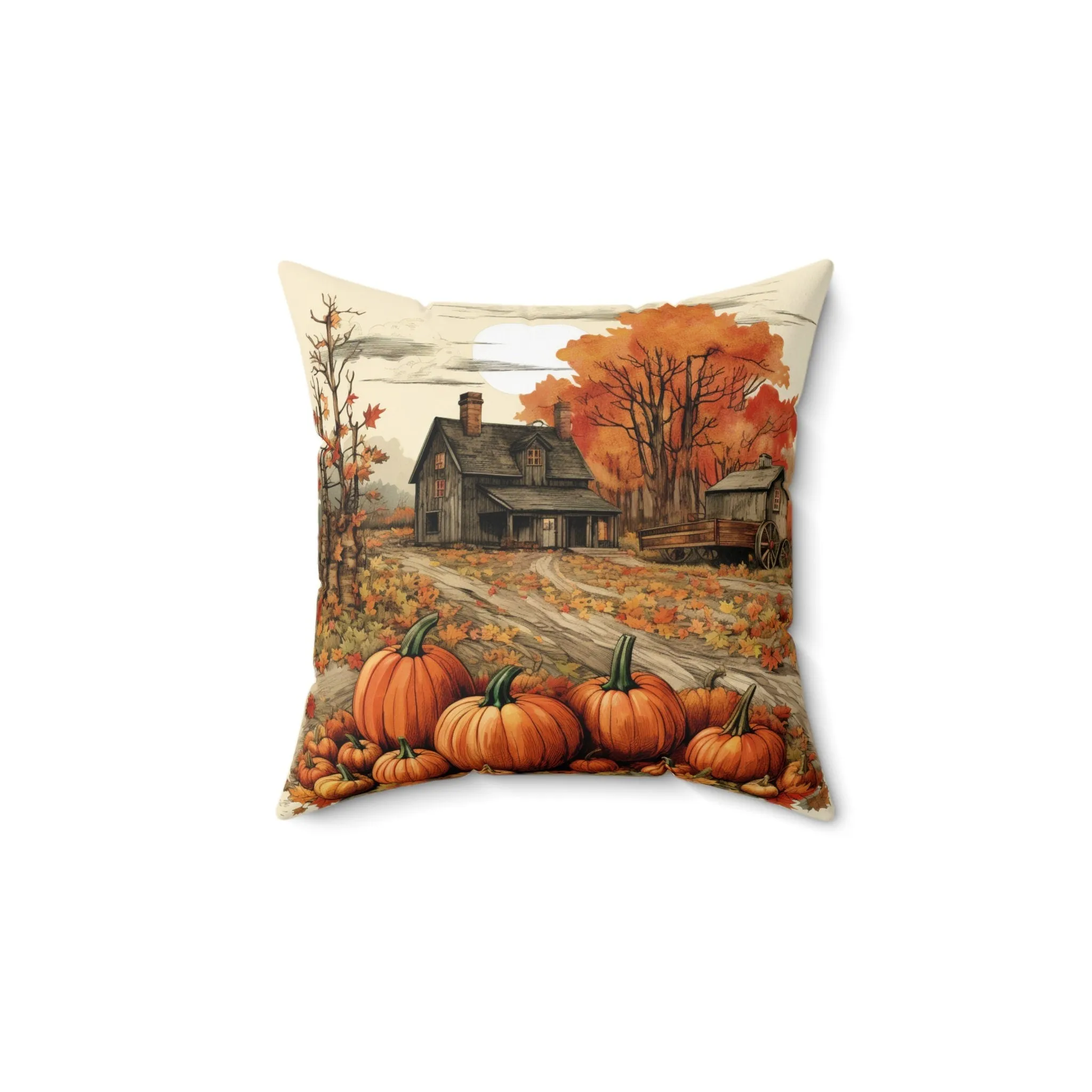 Fall and Halloween Pillow 2-sided with Vintage Fall Scene and 31 Spider on Other side