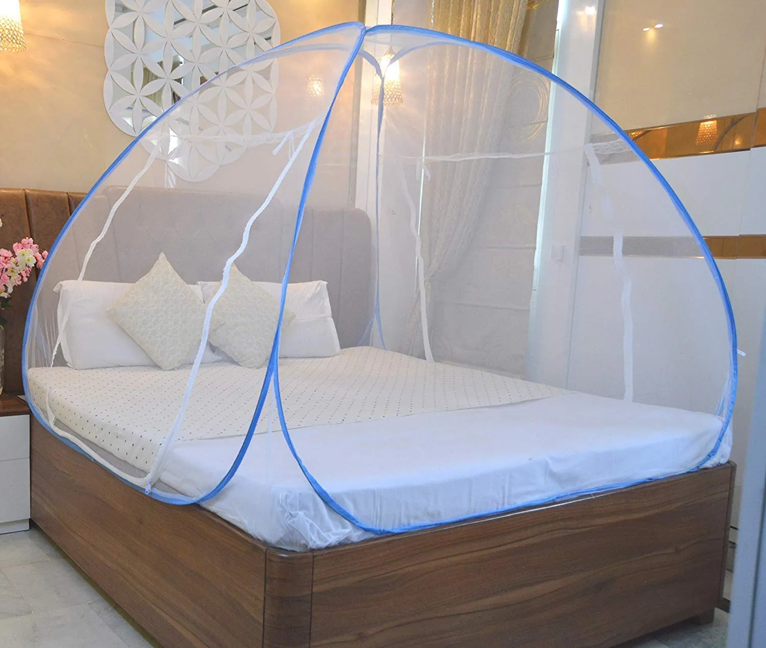 Fun Homes Mosquito Net Foldable King Size (Double Bed) with Free Saviours 6.5 x 6.5 Feet (Blue)