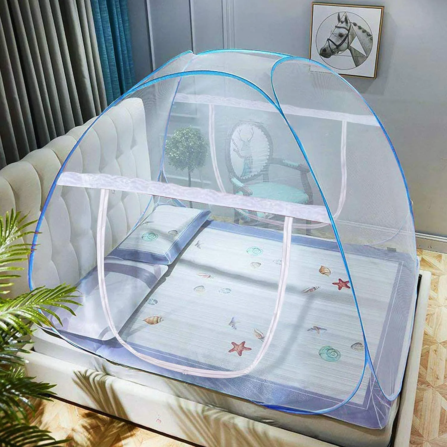 Fun Homes Mosquito Net Foldable King Size (Double Bed) with Free Saviours 6.5 x 6.5 Feet (Blue)