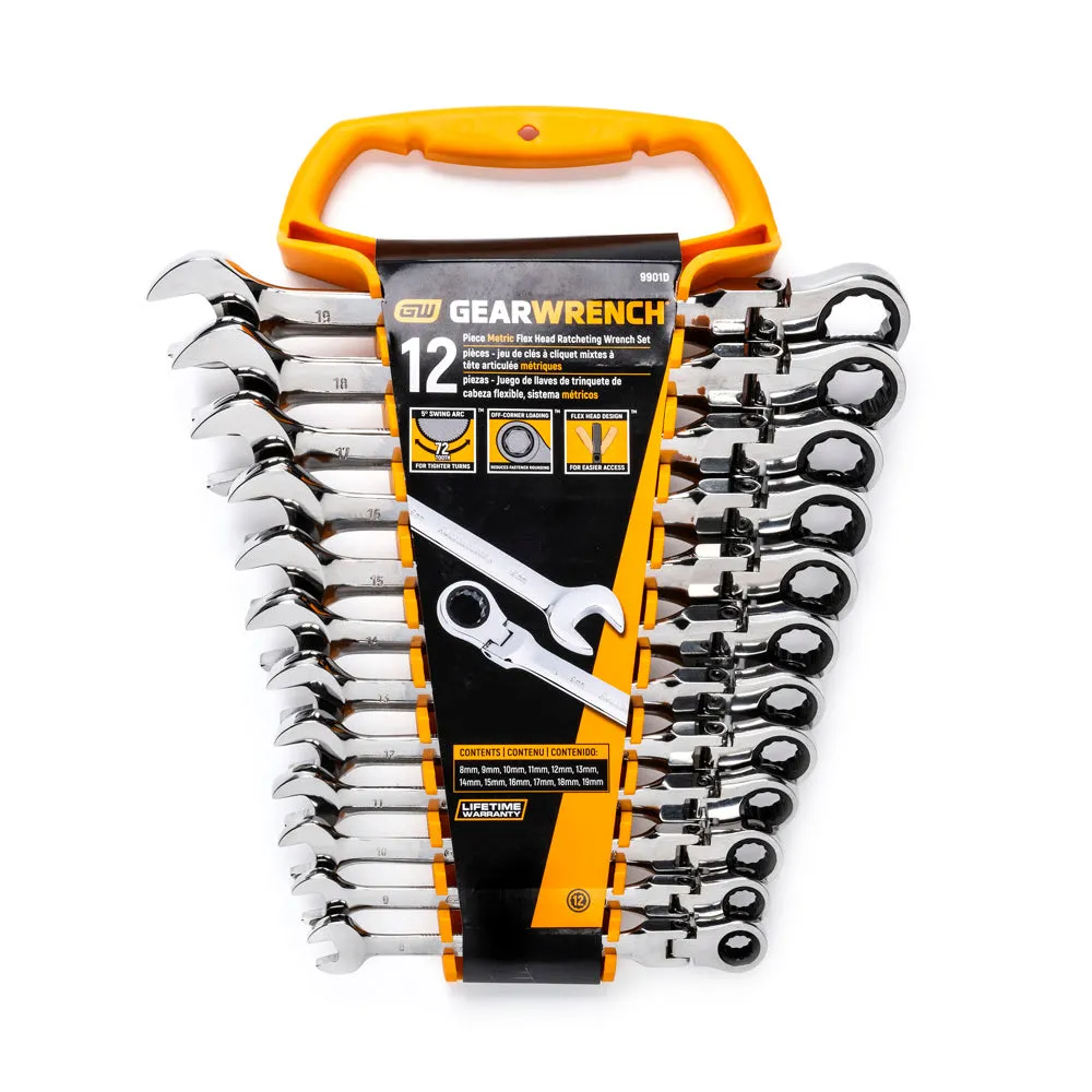 GearWrench 9901D 12 Pc. 72-Tooth 12 Point Flex Head Ratcheting Combination Metric Wrench Set