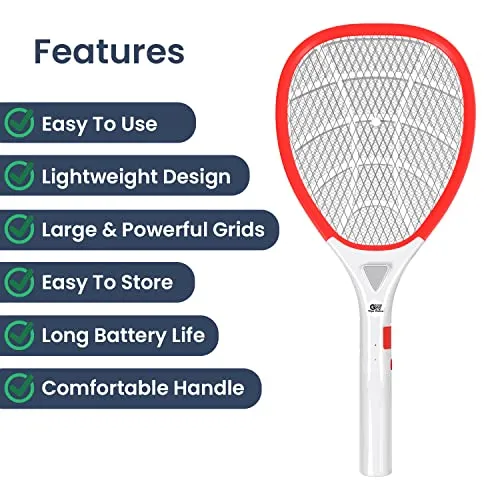 GIGAWATTS Mosquito Rechargeable Racket Insect Fly Swatter Bugs Trap Bat LED Light Long Battery Life for Indoor Home Outdoor (Orange White, 6 Months Warranty, Charge Before First USE)