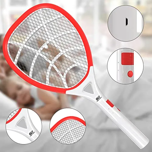 GIGAWATTS Mosquito Rechargeable Racket Insect Fly Swatter Bugs Trap Bat LED Light Long Battery Life for Indoor Home Outdoor (Orange White, 6 Months Warranty, Charge Before First USE)