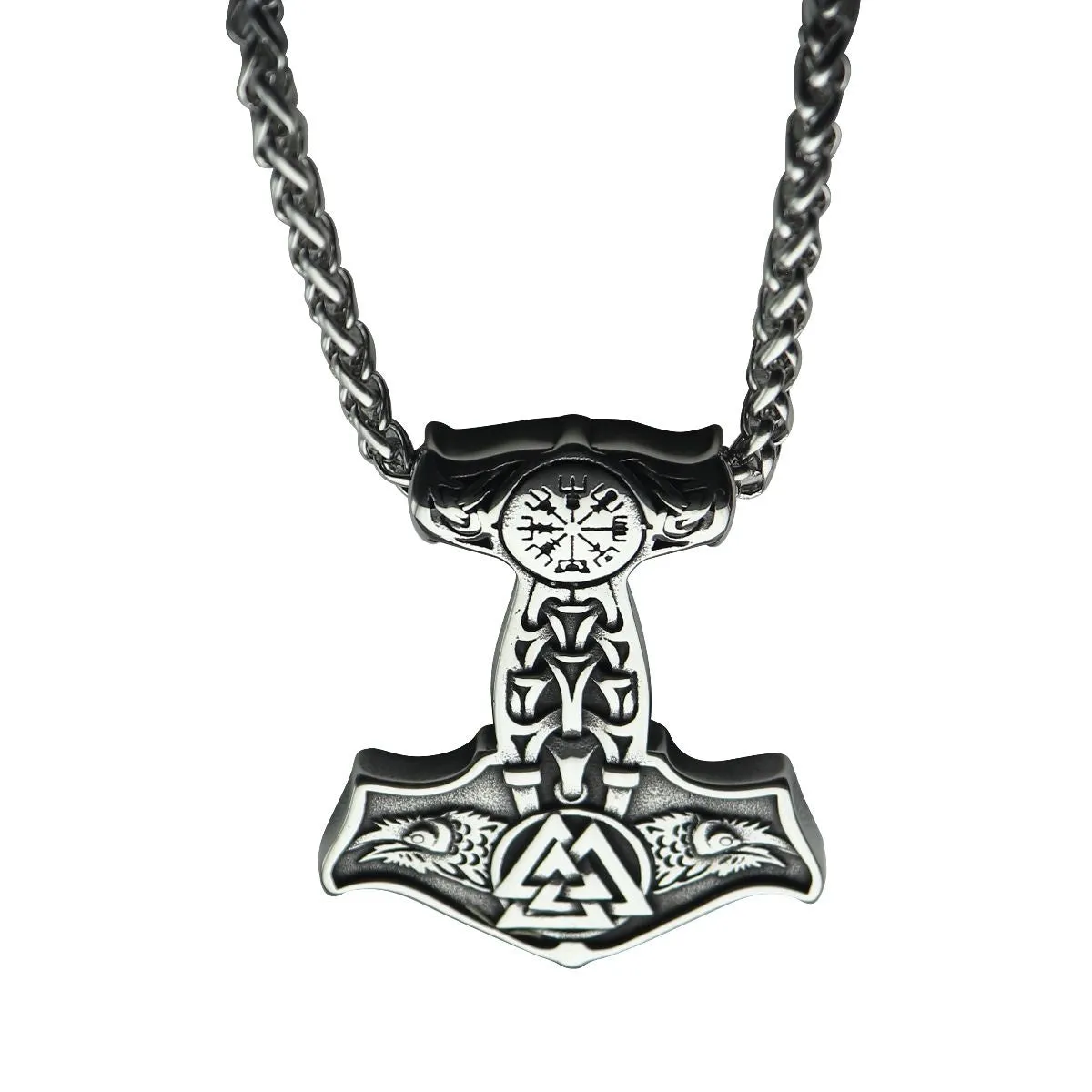 GuoShuang Nordic Viking Mjolnir Thor Hammer Valknut Stainless Steel Necklace