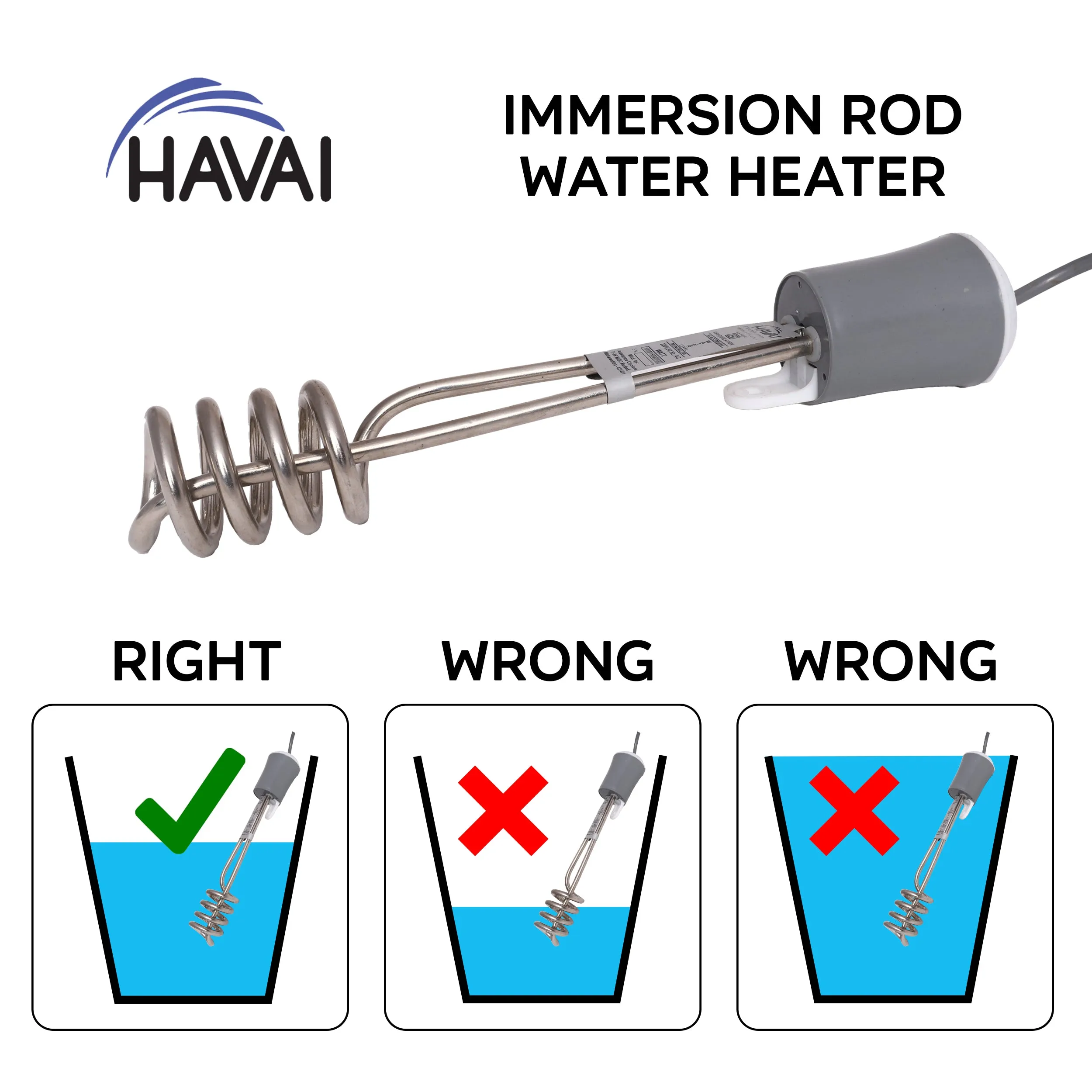 HAVAI Immersion Rod with Cover - Metal, Grey and White, 1500 W